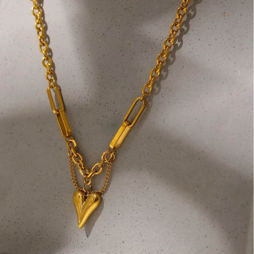 Necklace Heart Doré - Textured Heart Pendant on 18K Gold Choker